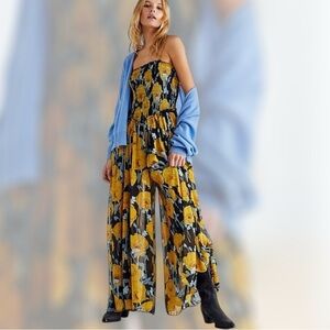 Free People Yellow and Black Floral Jumpsuit Strapless Wide-Leg